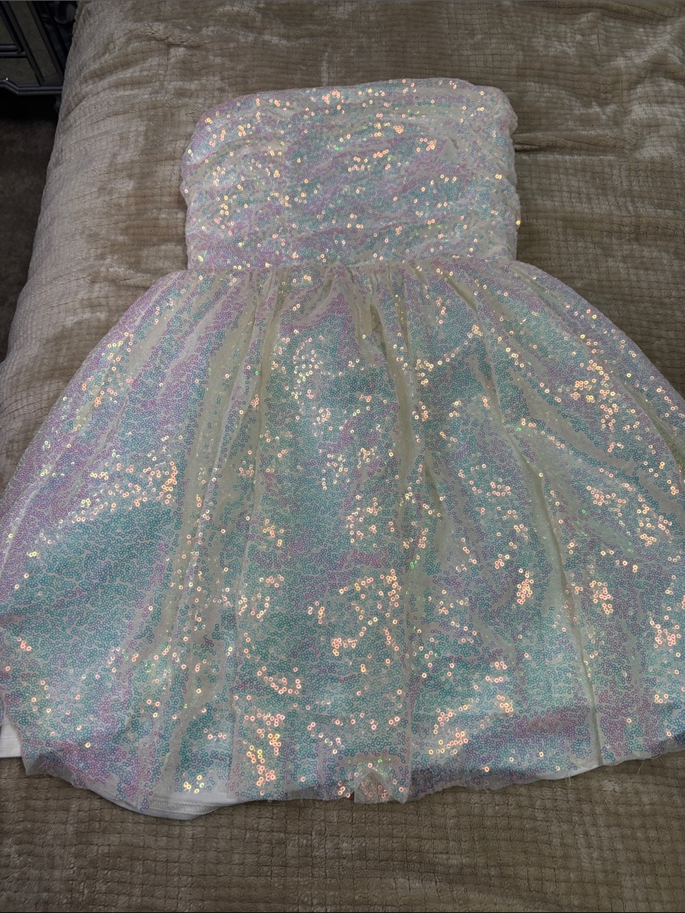Fashion Nova Iridescent Sequin Strapless Mini Dress - Pastel Shimmer